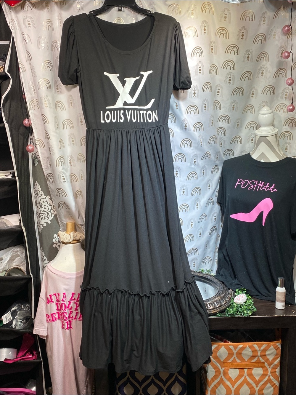Black Logo Tiered Maxi Dress with Puff Sleeves